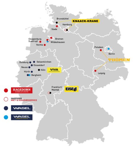 bundesweite Standorte der Hagedorn Schwerlastlogistik und Knaack Krane Hamburg